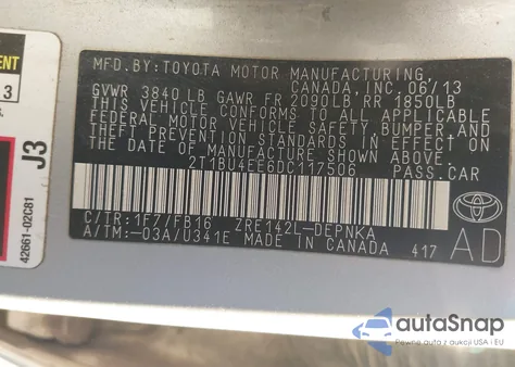 2013 Toyota Corolla Le z USA, uszkodzony, nr VIN 2T1BU4EE6DC117506